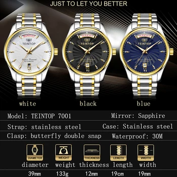 Vyrai Laikrodžiai Top Brand Prabanga TEINTOP Verslo Sapphire Atsparus Vandeniui Nerūdijančio Plieno Dirželis AutomaticMechanical Laikrodžius