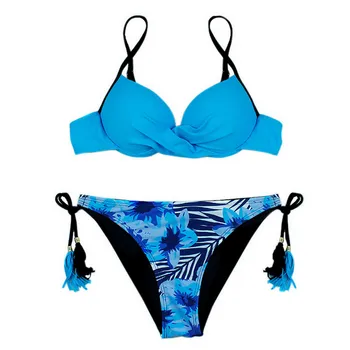 Vasaros Moterų Bikini 2Piece Rinkinys Sexy Kamšalu Backless Liemenėlės Tvarstis Mažas Juosmens Diržas Gėlių Spausdinti Bikini Slim Tvarstis Paplūdimio maudymosi Kostiumėliai