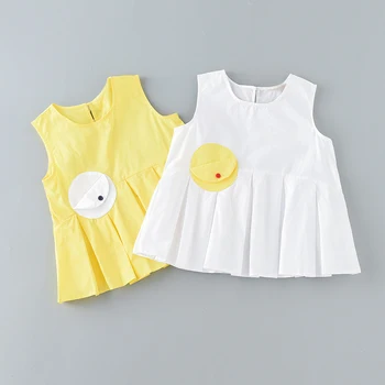 Baltos medvilnės rankovių palaidinė amžiaus 4 - 16 metų paauglių mergaičių 2019 naujas vasaros paplūdimio drabužiai geltona mielas animacinių filmų modelio marškiniai