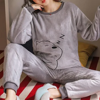 Korėjos Flanelė Šilta Pižama Moterims Ilgomis Rankovėmis Namų Kostiumas Ponios Sleepwear Animacinių Filmų Aksomo Pajama Nustatyti Storosios Feminino Pižamos