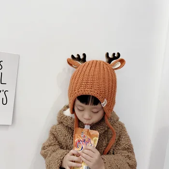 Doit 2 iki 6 metų mergytę Beanies Animacinių filmų Mažas elnių ragai Žiemos Vaiko megzti skrybėlę vaikų mergaičių Earflap Kepurės