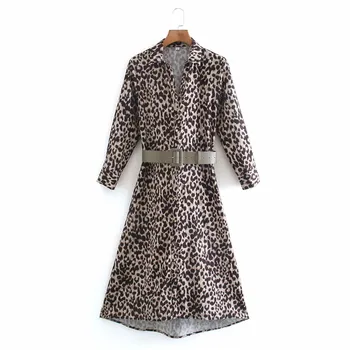 Mados Kontrastas Diržo Leopard Satino Suknelė Moterims Za 2020 M. Derliaus Gyvūnų Spausdinti Ilgomis Rankovėmis Midi Suknelė Moteris Mygtuką Elegantiškas Suknelės