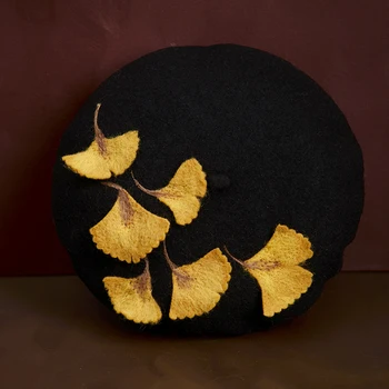 Rankų darbo vilnos veltinio ginkgo biloba rudens ir žiemos vilnonių laukinių dailininko hat, black laukinių kūrybos dovana skrybėlę