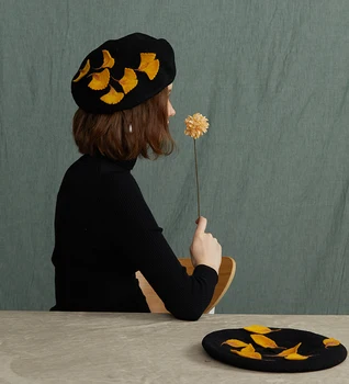 Rankų darbo vilnos veltinio ginkgo biloba rudens ir žiemos vilnonių laukinių dailininko hat, black laukinių kūrybos dovana skrybėlę