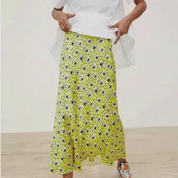 Vasaros moterų sijonas spausdinti susiėmę aukšto juosmens gėlių Europoje ir Amerikoje retro geltonas sijonas atsitiktinis paplūdimio sijonas jupe femme 40*