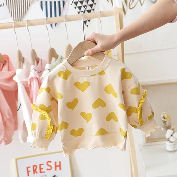 Pavasarį, Rudenį Cute Baby Girl marškinėliai, Polka Meilės Megztinis ilgomis Rankovėmis & Raukiniai Viršūnes, Medvilnės Marškinėliai Vaikams