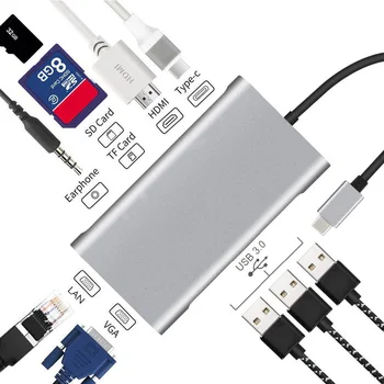 USB Tipo C Hub Tipo C Iki HDMI 4K VGA Adapter RJ45 Lan Ethernet SD TF USB-C 3.0 Typec 3.5 mm Lizdas Garso Vaizdo įrašą, skirtą 