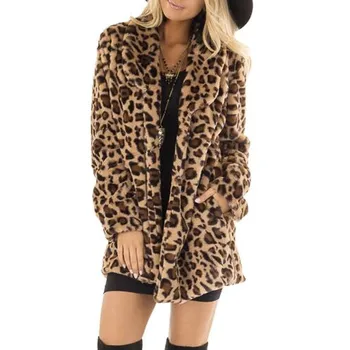 Naujas Moterų Leopard Dirbtiniais Kailiais Kišenėje Fuzzy Kailis Šiltas Žiemą Negabaritinių Outwear Ilgas Kailis Cardigan Strickjacke Manteau Manteau
