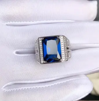 Išskirtinį royal mėlyna safyras brangakmenio žiedas vyrams žiedas stačiakampio perlas gera supjaustyti 925 sterlingas sidabro gimtadienio dovana didelis dydis