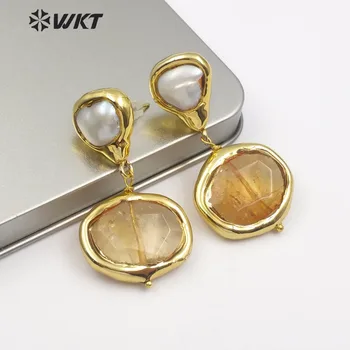 WT-E481 Didmeninės mažos natūralaus akmens auskarai apvalūs, aukso apdaila su perlais papuoštas įvairių spalvų pasirinktinai moterų auskarai