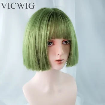 VICWIG Moterų Trumpas Sintetinis Perukas su Kirpčiukais Šviesiai Žalia Tiesūs Plaukai, BOB Stiliaus Karščiui Atsparaus Perukas Cosplay