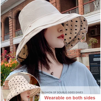 USPOP Vasaros skrybėlės moterims kibirą skrybėlės polka dot medvilnės Panamos skrybėlės nuo saulės kepuraitės Nešiojamos iš abiejų pusių