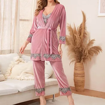 Moteris 4PCS Sleepwear Pižama Kostiumas Nighty Kostiumas Seksualus, Intymus apatinis Trikotažas Atsitiktinis Nuotakos Vestuvių Dovana Homewear Pižamą
