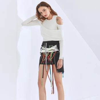 TWOTWINSTYLE Dizaineris Sijonas Moterims Aukšto Juosmens Spalvinga Kratinys Tvarstis Nukentėjo Spalva Streetwear A Linijos Sijonai Moterų 2020 Banga