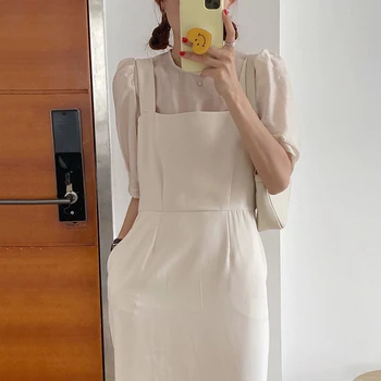 Korėjos Vintage Stiliaus Dviejų dalių Rinkinys Moterims Komplektus Trumpas Rankovės Plonos Palaidinės ir Spageti Dirželis Ilga Suknelė 2 Gabalas Rinkinių, Elegantiškas