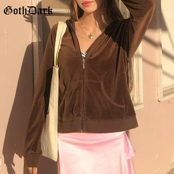Goth Tamsiai Gotikos Veliūras E-Girl Indie Stiliaus Rudos Hoodies Juoda Mall Goth Zip-up Šilti Megztiniai Su Gobtuvu Mados Streetwear