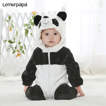 Panda Onesie Baby Kombinezonas Flanelė Šiltas Gyvūnų Kigurumis Naujas Gimęs Romper Bamblys Pajama Berniukas Mergaitė Žiemos Drabužių Juokingas Mielas Kostiumas