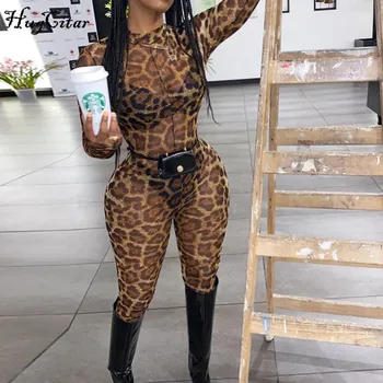 Hugcitar 2019 ilgomis rankovėmis, leopardas spausdinimui akių matyti-per bodycon seksualus jumpsuit rudens žiemos moterys streetwear komplektus klubas įstaiga