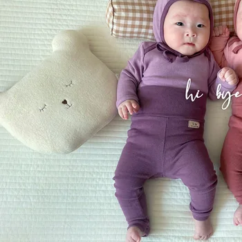 Korėjos pavasario naujagimiui medvilnės apatiniai nustatyti, minkštas kūdikio mielas spalvų kontrastas ausies namų drabužių rudens drabužių rudens kelnės