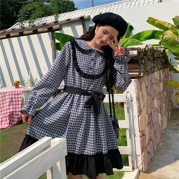 Kawaii Lolita Žalia Juoda Japonų stiliaus mažų šviežių temperamentas prarasti pledas susiuvimo medienos ausies ilgomis rankovėmis suknelė moterims