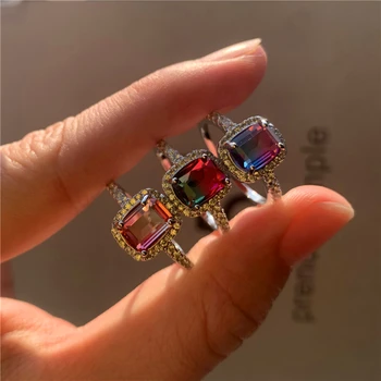 Žavesio Moterų Vaivorykštė, Cirkonis Akmuo Žiedas Nedidelis Sidabro Spalvos Kvadratą Derliaus Vestuvinis Žiedas Crystal Sužadėtuvių Žiedai Moterims
