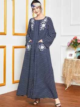 Siskakia Mados Dryžuotas Siuvinėjimo Maxi Suknelė Tamsiai Mėlyna O Kaklo, Ilgomis Rankovėmis Arabų Suknelės Rudenį 2020 Naujus Laisvus Drabužius Turkija