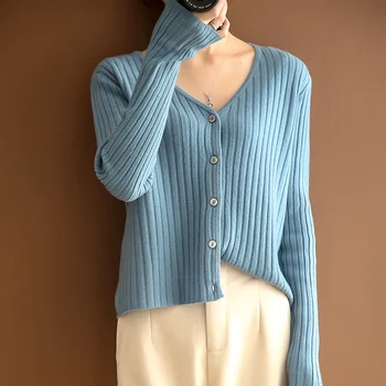 2020 Naują Pavasario Moterims Švarkai Vilnos Megzti susagstomi megztiniai Moterų V-kaklo, ilgomis Rankovėmis Laisvi Megztiniai Vilnonių Standartas Drabužiai