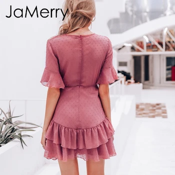 JaMerry Derliaus sexy pink polka dot moterų suknelė Vasaros stiliaus sluoksnio pynimas trumpas sundress Elegantiškas užtrauktukas atostogų vestidos 2019