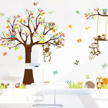 Mielas Beždžionė Owlet Gyvūnų Didelis Medis Sienų Lipdukai Vaikams Kambarys, žaidimų Kambarys, Namų Apdaila 