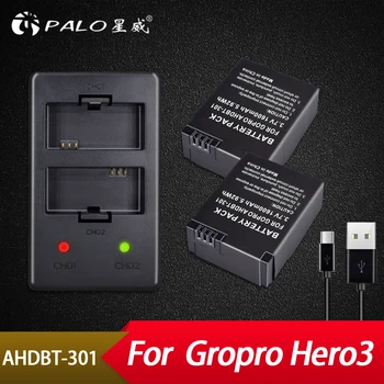 Palo 2VNT Fotoaparato Baterija 3.7 V + USB Dual Įkroviklio Gopro Hero 3/3+ AHDBT-201/AHDBT-301 Fotoaparato Priedai Kroviklio Komplektas