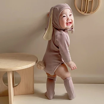 Korėjos Stiliaus Kūdikių Berniukų Mergina vientisos Spalvos Rompers Rudenį Bamblys Baby Girl Drabužius ilgomis rankovėmis Romper+Triušio Ausies Hat+Kojinės