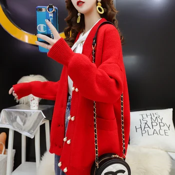 Korėjos Pearl Mygtuką, Laisvi Megztiniai Megztinis Moterims Su Kišenėje Rudens, Žiemos, Rožinė Raudona Geltona Džemperis Cardigan Moterų Megzti Striukė