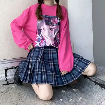 Marškinėliai moteriška rudens Japonijos ins Harajuku bf vėjo animacinių filmų, komiksų mergina spausdinimo prarasti ilgomis rankovėmis T-shirt moteris studentų viršų