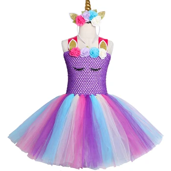 Pastelinės violetinės Merginos Vienaragis Tutu Suknelė Princesė Gėlių Mergaitė Birthday Party Dress Vaikai Vaikai Helovinas Vienaragis Kostiumai 2-12Y