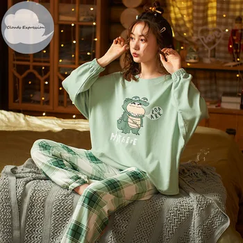 Pavasarį, Rudenį Moterų Miego Lounge Pajama Ilgas Rankovėmis Moteris Pajama Nustatyti Animacinių filmų Pižamos Medvilnės Sleepwear M L XL XXL XXXL Mados