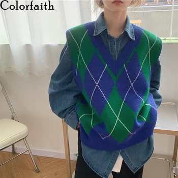 Colorfaith 2021 Naujas Žiemos Pavasario Moterims Megztiniai Megztinis su V-Kaklo, Rankovių Negabaritinių Megzti Languotas Derliaus Lady Vest SWV6457