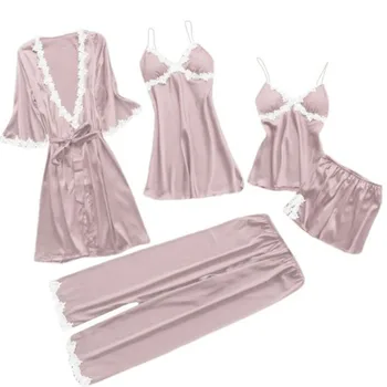 Sanderala 5 PcsWomen Sexy Nėrinių Pižama Suknelė su V-kaklo Pižamą Plius Dydis 3XL Sleepwear Ponios Chalatas Multi -Gabalas Lingerie Komplektas