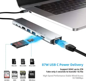 Tebe USB Tipo C Hub Su 4K RJ45 HDMI USB 3.0 SD/TD Kortelių Skaitytuvas PD spartusis įkrovimas 8-in-1 Daugiafunkcį Adapteris, Skirtas 