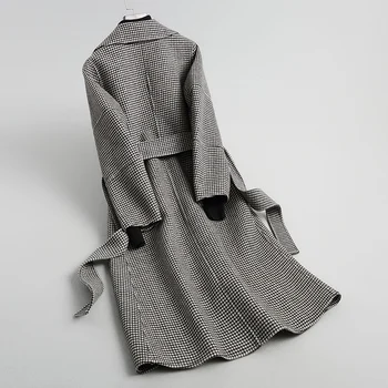 Prabangus vilnos paltai moterims pledas dvipusis cashmere long grynas vilnonis paltas moteriška diržo slim juoda outwear pavasario