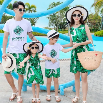 Šeimos Drabužių Nustatyti Motina ir Dukra Vasaros Paplūdimio Suknelės Tėtis, Sūnus T-marškinėliai +Šortai Pora Atostogas Pajūrio Komplektai