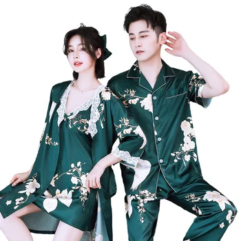 Pora Kimono Pižama Vyrams Šilko Imitacijos Vyrams trumpomis Rankovėmis Viršūnes chalatas, kelnės pajama nustatyti Sleepwear Vyrams ir Moterims, Chalatai Rinkiniai