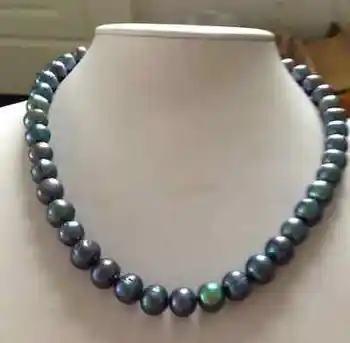 Apsvaiginimo 9-10mm tahitian apvalus juodas žalias spalvotų perlų vėrinį 18inch Sidabro užsegimas