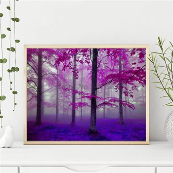 Graži Violetinė Miškų Kraštovaizdžio Šiaurės Stiliaus Sienos Meno Tapybos Drobės Plakato Spauda Dekoratyvinis Nuotraukos Kambarį Namuose