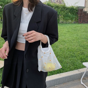 Kūrybinės Vasaros Tinklelio Daisy Siuvinėjimo Rankinėje Tekstūros Klasikinis Subtilus Dizainas Moterys Mažų Nešti Pearl Žiedai Pirkinių Krepšys