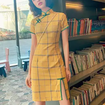 Vasaros juostele vintage modelius medvilnės qipao mergina suknelė