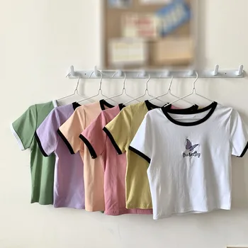 Vasaros Marškinėliai korėjos Stiliaus Siuvinėtos Drugelio T-shirt Mados Laukinių Plonas O Kaklo trumpomis Rankovėmis Viršų