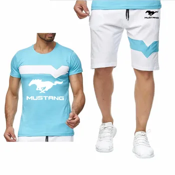 Vasarą Vyrai Trumpas rankovės Mustang automobilio Logotipas spausdinti Colorblock T-Shirt aukštos kokybės Medvilnės Vyrų T-marškinėliai+šortai kostiumas 2vnt