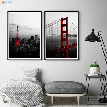 Modernus Miestas Serijos Drobės Tapybos Golden Gate Bridge Spaudinių Sienos Meno San Francisko Juoda ir Balta Plakatas Biuro Dekoras