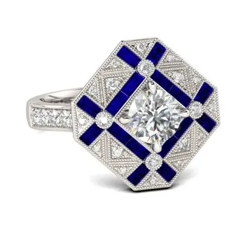Prabanga Geometrijos Dideli Žiedai Vyrams, Moterims, 925 Sidabras Mėlynas Baltas Cirkonis Vestuvinis Žiedas Vyrų Birthstone safyro žiedas