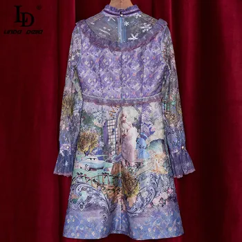 LD LINDA DELLA Naujas 2021 Mados Dizaineris Vasaros Suknelė Moterų Sudegintasis Rankovėmis Puošnus Nėrinių Kratinys Karikatūros Spausdinti Mini Suknelė